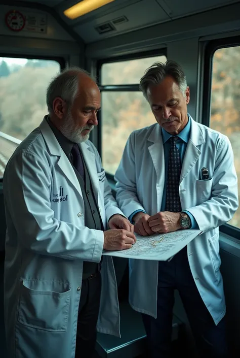 Image of doctors checking watches and maps inside the train, planning the next stops with urgency reflected in their faces,hyper-realistic, photo realism,cinematotraphy.