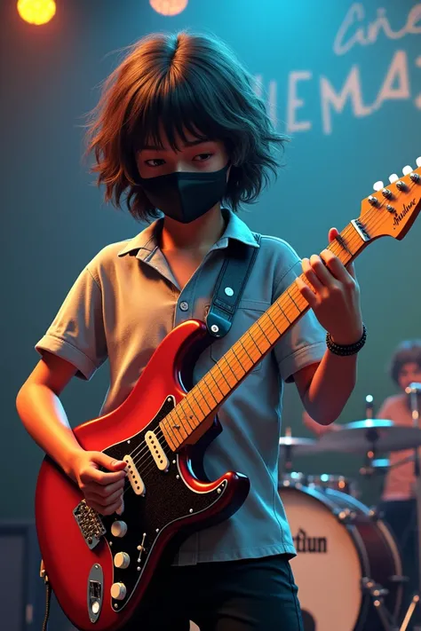 sri lanka music band background, and 13years old boy wearing Casual shirt with black mask, medium beautiful hair,plying in the electric guitar of front, with name "Hirun" write on number plate, 3d art painting realistic photo