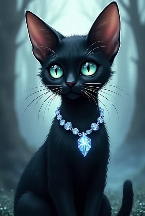 A black cat with a diamond necklace and elf ears and heavenly eyes in drawing