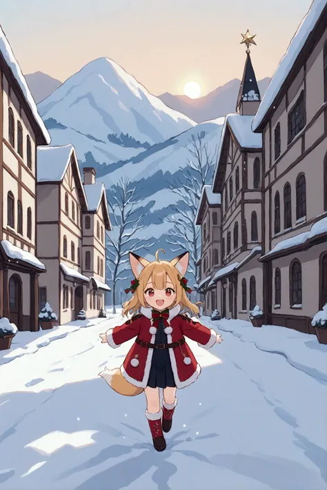  top quality,   Masterpiece  ,  high definition , 8k,  1 girl , the little character , Photograin ,  red muffler,  duffle coat ,（ fox ear, Fox Tail） A Body Full of Joy , greeting, The background is a park covered with snow, Christmas decorations , City at ...