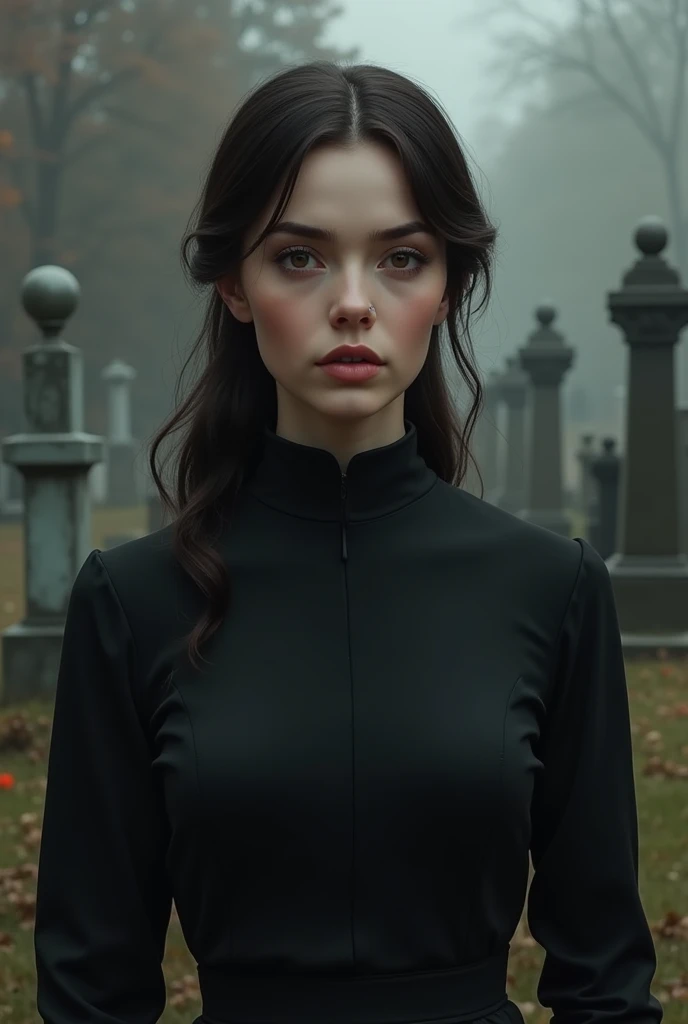  fair-skinned woman,  with dark brown hair, aquiline nose, brown eyes,  round face, thick build,  modest black dress, no necklines in a cemetery , not gloomy 
