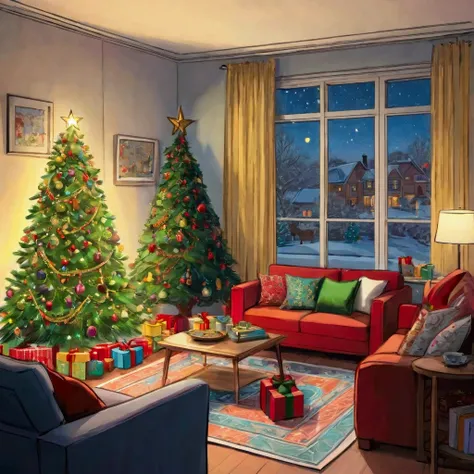  line art： hand-drawn comics ，A cozy living room painting full of colorful Christmas gifts ，Christmas tree，Clear lines， very detailed interior design， vibrant colors 