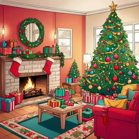  line art： hand-drawn comics ，A cozy living room painting full of colorful Christmas gifts ，Christmas tree，Clear lines， very detailed interior design， vibrant colors 