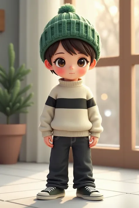  anatomy, Anime Chiby  , Warm Skinny Boy  ,  Green Hat to Wear in Winter  ,  White Sweater with Plenty of Black Horizontal Lines ,  Wide Black Jeans  , Vans Sneakers