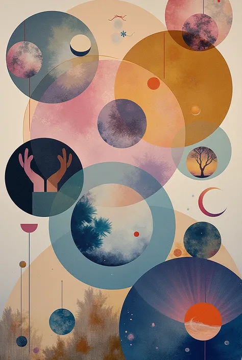 I need you to make a poster of collages of various works about the artist Hilma Af Klint
Use a palette of clear, ethereal cores, like lilac, gold and light blue .
Place the works :
"The Ten Greatest ", "primal chaos ", " tree of knowledge " and place the i...