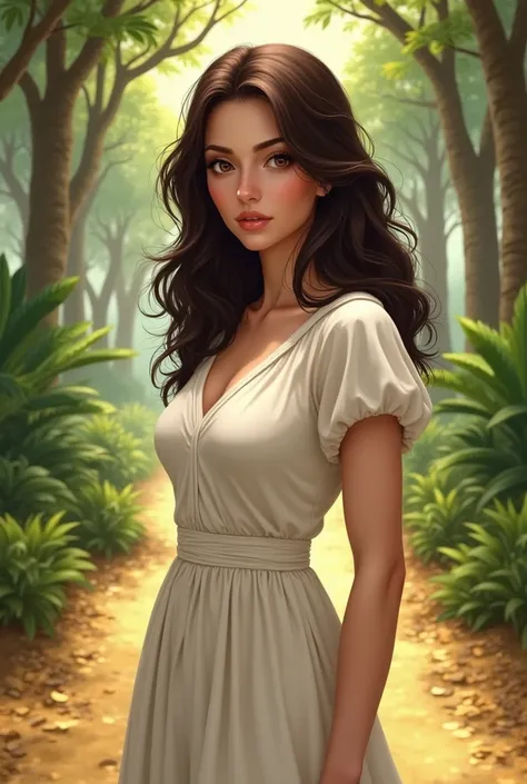  fair-skinned woman,  with dark brown hair, aquiline nose, brown eyes,  round face, thick build, decent white dress ,  with no necklines in a paradise with golden streets
