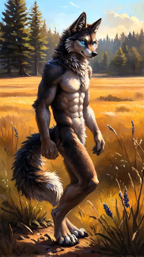 ((Solo)), male people, anthro wolf, (Multi-colored fur, White-brown:1.3，White tail pointed), (Height 2.1m,Tail length 1.5m), ((Wolf face, Big eyes, White eyelids, Blue pupil, Slim:1.2) (Tough, Calm expression:1.2)), Abs, Slim, pinging)), (Correct anatomy),...