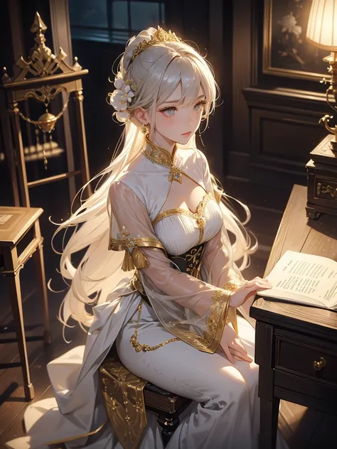  perfect composition on the board。 angle from above 。Portrait of a queen working in her office at night。Completely short and upstyled silver hair 。 wearing white flowers and gold hair ornaments 。Golden eyes、 giving an intellectual and ruthless impression 。...