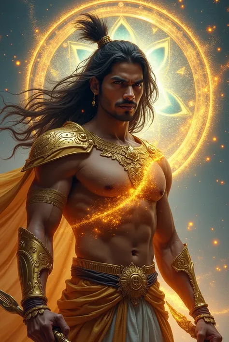 "Create a striking image of a under 25 young, handsome Indian male portrayed as a modern-day savior inspired by Hindu mythology. He has a muscular, athletic physique, radiating strength and confidence. His armor is futuristic yet deeply rooted in tradition...