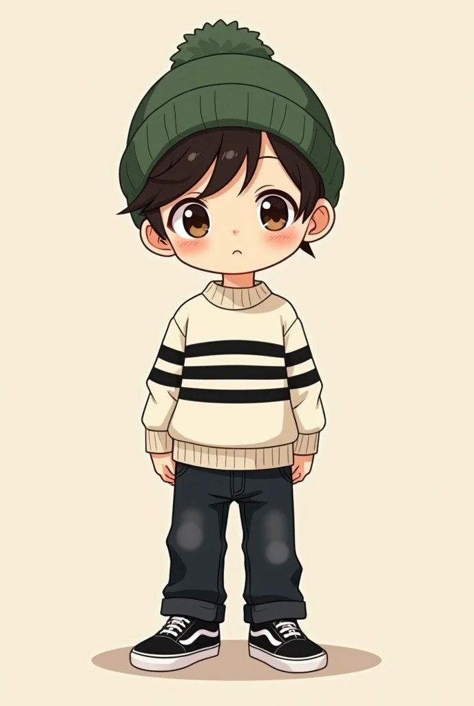  anatomy, anime ,Chibi , Warm Skinny Boy  ,  Green Hat to Wear in Winter  ,  White Sweater with Plenty of Black Horizontal Lines ,  Wide Black Jeans  , Vans Sneakers