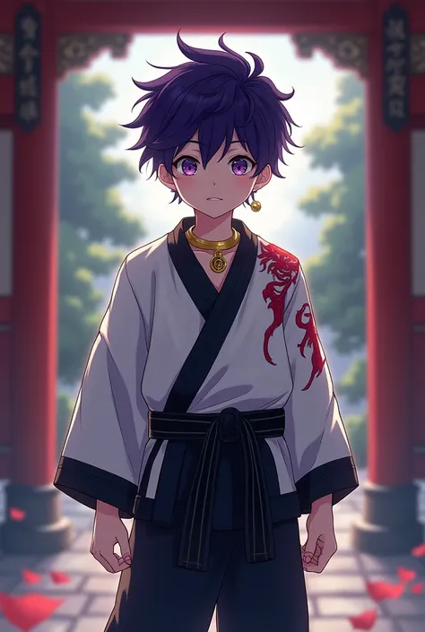 A young boy with dark purple colour hair, golden neck ring, white jacket, evil red marks on his left shoulder which seal the evil inside him, nipple piercing, shirtless, black martial arts pants, cute young boy, he is standing in a shrine