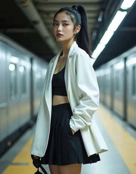 A chic high-fashion editorial in monochrome tones, featuring an 18-year-old woman with sleek black hair styled in a high ponytail, giving her a sporty yet elegant vibe. She wears a tailored white blazer over a short black pleated dress, paired with chunky ...