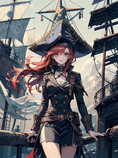 18yo british woman,1 girl,nice and beautiful fas,28 years old,redhead,double tail, practical pirate clothes, (long sleeve pirate top), skirt,torn pirate hat, fantasy,(pirate ship),