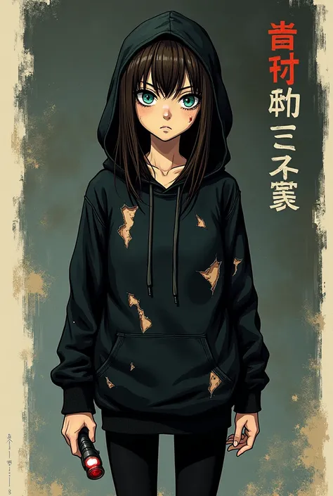 In the style of Junji Ito, Junji ito Manga type image, girl, torn up black hoodie, holes in hoodie, black leggings, serious, determined, bright blue eyes, medium length brown hair, long bangs, very long hair, carrying a flashlight in her left hand, slightl...