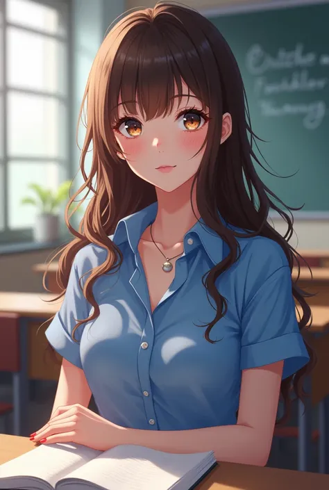  anime style,  beautiful white girl ,  with long wavy hair , brown-colored,  with a blue shirt, With teacher style clothes,  with a sculptural body , with neckline, in a classroom in a room 