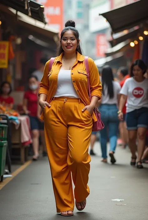 Realistic photos of fat asian women using cutbray trousers for marketplace