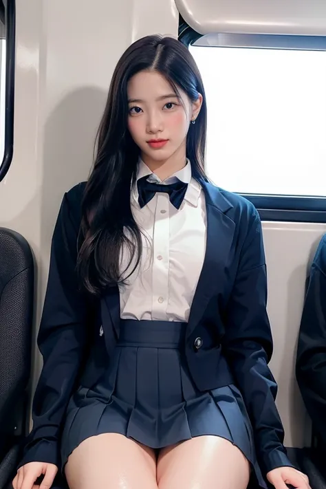 masterpiece, High resolution, Ultra High resolution, 4K, perfect hands,Black Hair, Japanese Girls, Navy blue Uniform skirt, White shirt, bow tie, Accentuate your thighs, White thighs, Soft thighs, Shiny thighs, Sitting on a train, Facing angle, Angle from ...