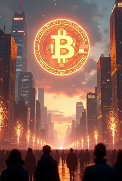 “A futuristic cityscape glowing with golden lights and digital holograms, dominated by a massive Bitcoin symbol shining like a sun in the sky, surrounded by fireworks and digital data streams. A large digital screen in the foreground displays ‘Bitcoin surp...