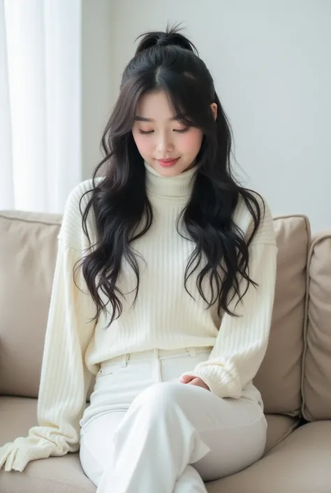 "K-pop style women&#39;  realistic image  、          Korean Beauty          , length, Wavy black hair.    tie my hair at the back、I&#39; I is putting my hair in a ponytail、White wall background、   Im wearing a white high neck long sleeve sweater、 I&#39;m w...