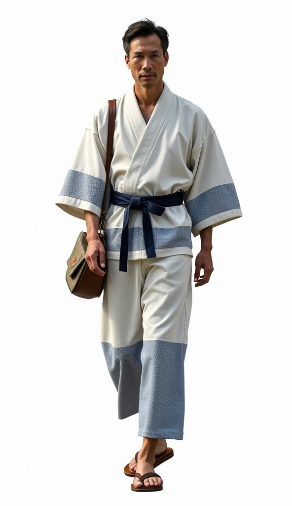 ( top quality,  Masterpiece  :1.3, super high resolution,),( Ultra Details, caustics ),(Photorealistic 4k）A man in a traditional white and navy stlipes printed yukata with a simple obi, wooden geta sandals, and a small cloth bag, walking towards the onsen....