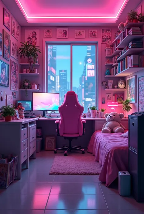 A gaming room, pink gaming chair, no window, view from computer, pink and purple, cyperpunk style, neon light, many anime figure on the shelf, anime poster on the wall, cute and sweet, in the room conner has a pink bed, with teddy bear, no human, no tree, ...