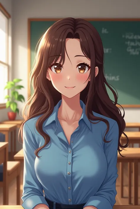  anime style,  beautiful white girl ,  with long wavy hair , brown-colored,  with a blue shirt, With teacher style clothes,  with a sculptural body , with neckline, in a classroom in a room at home 