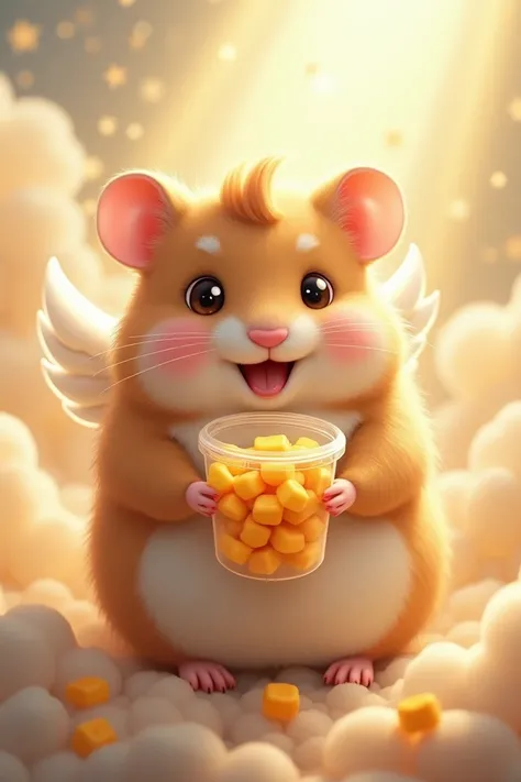 make a brown cute fat hamster in heaven while holding a plastic of cheeseball