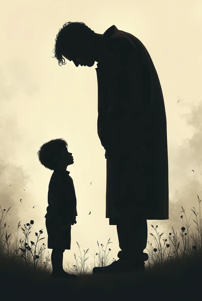 Silhouette of a boy looking at an adult silhouette on a realistic man