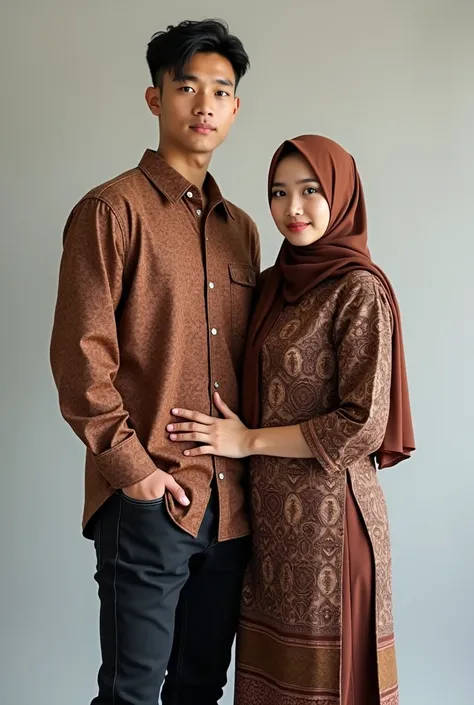 (photorealism  ,22 year old Indonesian male ,middle parted hair wearing long-sleeved batik and black jeans,with a 20 year old woman wearing a brown hijab with a batik kebaya and a skirt ,,both facing forward with a thin sentum ,background studio 