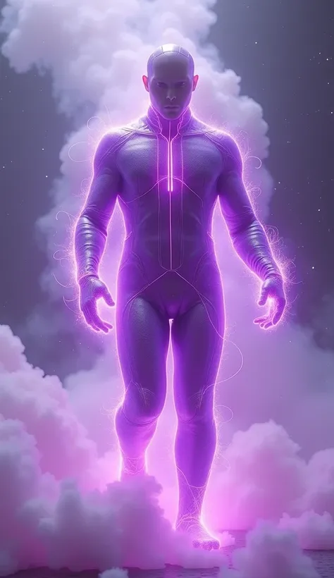  Man wearing a purple energy suit,  projected outside the physical body ,  ballooning energy , upholstered energy , aura, balloon smoke , realistic, 4K, 