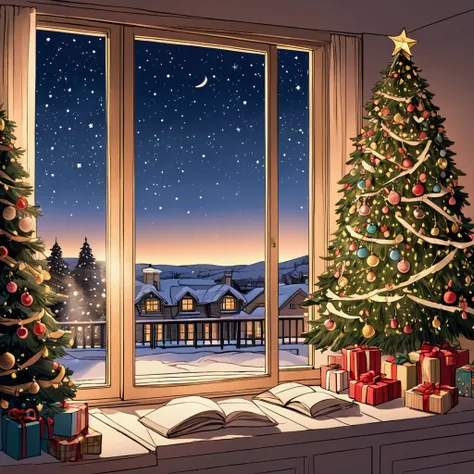  line art： hand-drawn comics ，Christmas gift ，Christmas tree，Clear lines， very detailed interior design，Winter evening outside the window