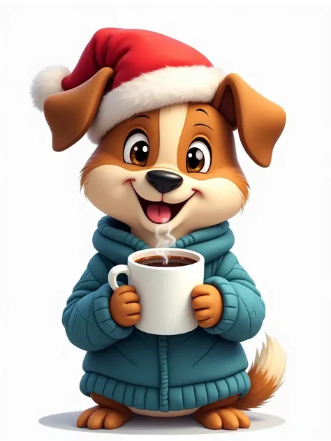  A cartoon dog in a Santas hat in a blue sweater holds a cup of coffee in its paws. on a white background. The edges dont go beyond . 