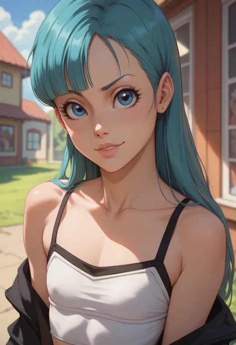 Bulma (Dragon Ball) with long hair and large blue eyes. Loli flat chest with casual outfit. (Bleach art style)