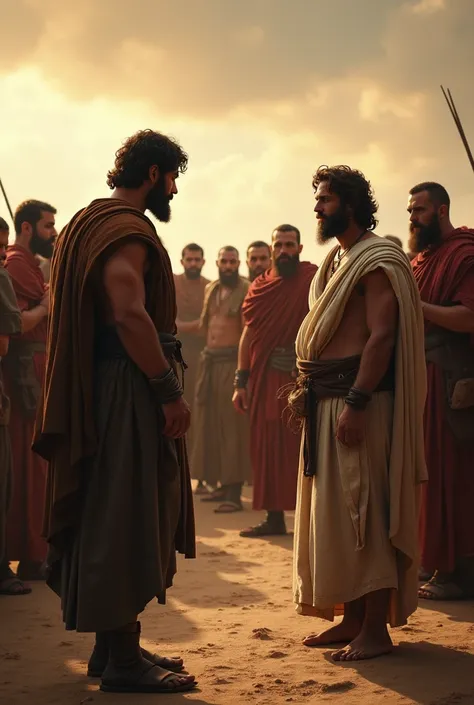 A scene depicting the Israelites fear and confusion as they witness Goliaths challenge. Show the tension and anxiety among the soldiers, with Goliath standing confidently in the foreground, and David listening intently to the conversation, his determinatio...