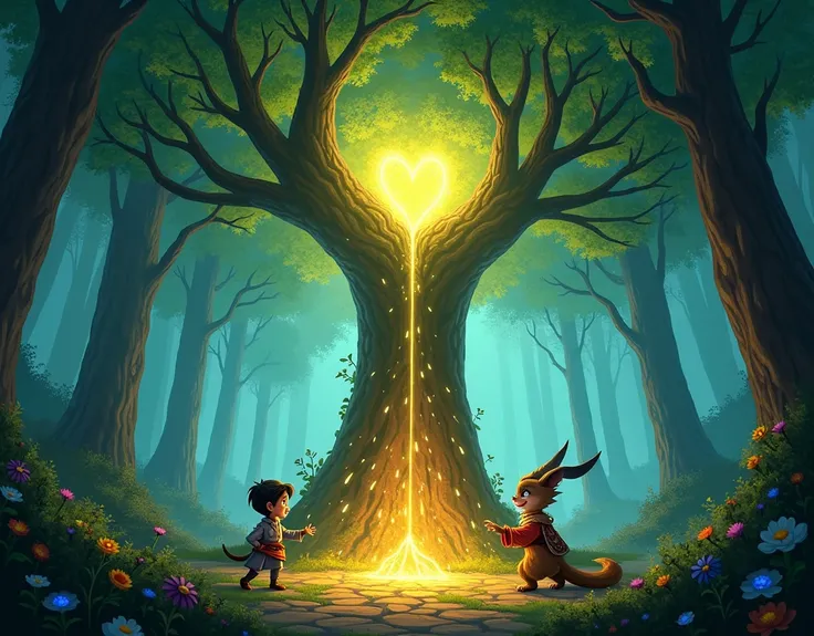 With the three magical items in hand, Camilo andthe gray  Puss in Boots returned to the Heart Tree of the Forest. When they placed the Sunflower, the Night Diamond, and the Eagle’s Feather at its roots, the tree began to glow with such an intense light tha...