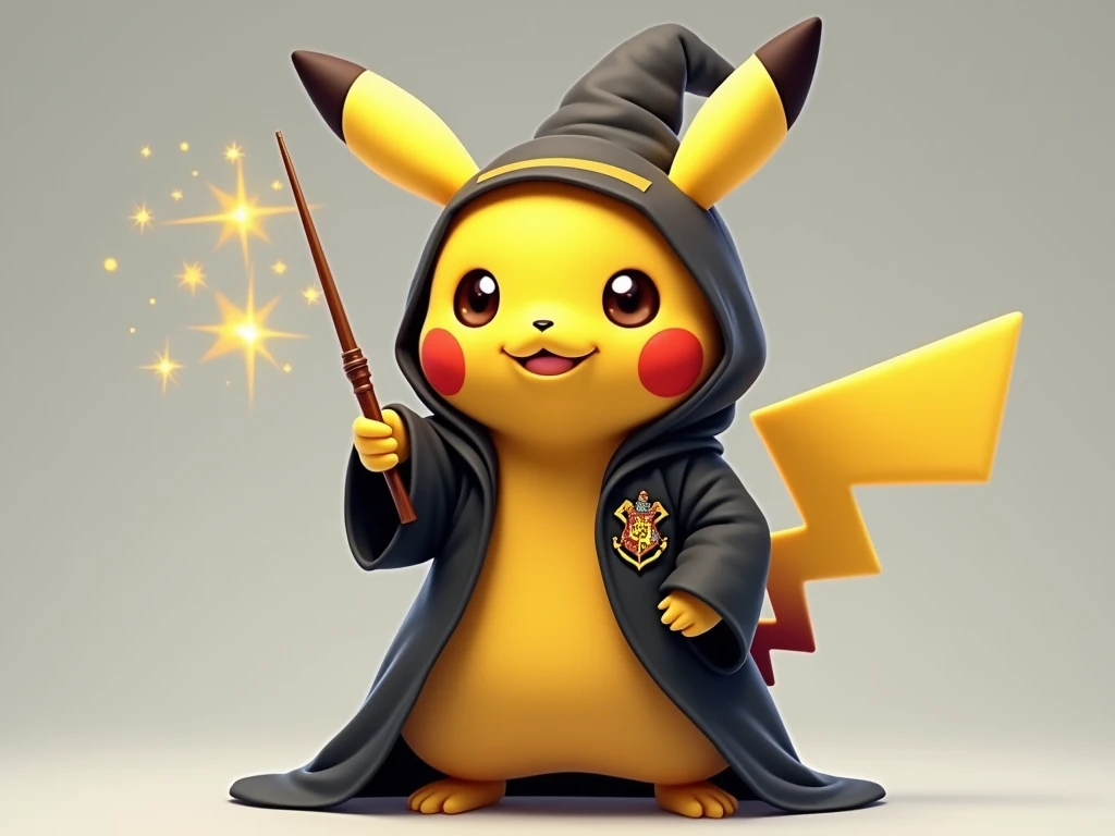 Pikachu dressed as Harry Potter, with a smooth bottom. Smiling and posing with his wand. Plain background. Realist aesthetics. Unframed characters . realistic.