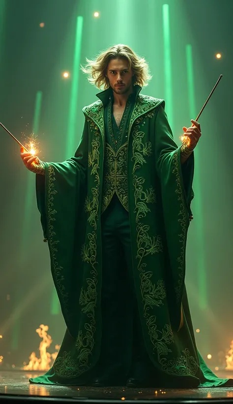 A tall, elegant figure stands in the center of the America’s Got Talent stage, wielding a glowing conductors baton. The Nature Conductor is dressed in a flowing dark green coat adorned with intricate, shimmering embroidery of leaves, vines, and elemental s...