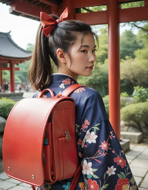 Masterpiecd, hd, Portrait, Best Quality, High resolution, 1girl, black hair, ponytail, hair ornaments, hair ribbon, wearing randoseru backpack, red backpack, Wearing a Japanese kimono at a summer festival at a shrine, (kimono:1.1), outdoor, standing