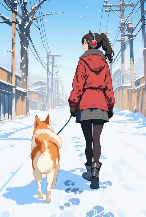 Focus on footprints,,Japanese theatrical animation style illustration,Woman walking with Akita dog on snowy road, snow footprints, back view, back view of dog,profile, woman smiling, dog enjoying walk, thermal parka, thermal fleece skirt, thick tights, sno...