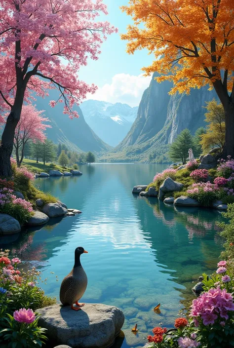 A serene lake surrounded by a blend of all four seasons,with elements of fantasy and surrealism.The scene is vibrant and realistic,showcasing vivid colors of spring blooms,summer greenery,autumn leaves,and winter snow.Include ethereal lights and mystical c...