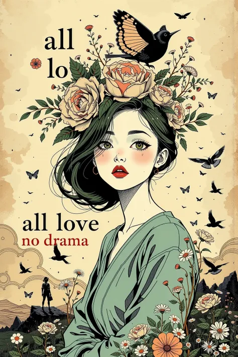 Create a creative arts collage, inspired by the art of Moebius using a collage technique, ((the words "All Love No Drama" written within it)), korean woman, 