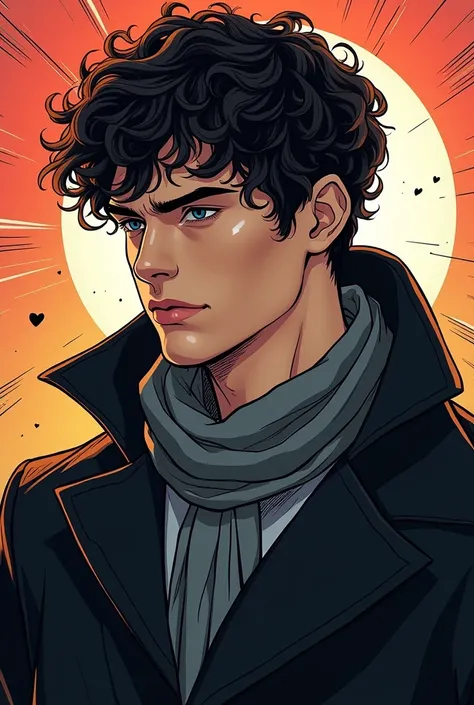 A male Marvel anime-style comic book character.  The man looks similar to that of Louis Garrel,  he wears a black overcoat and a gray scarf . His hair is short curly . He is a journalist. 26 years old. 