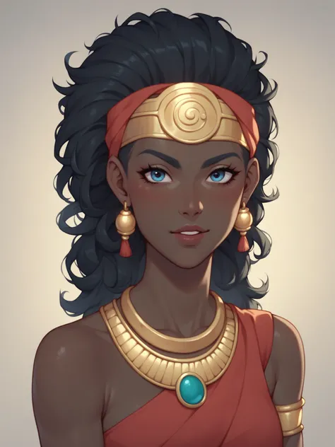 A highly detailed depiction of an indigenous tribal warrior woman inspired by the Karinga tribe from the Dragon Ball universe. She has long, curly black hair that falls down her back, emphasizing her strong, natural beauty, and earthy tones such as brown, ...