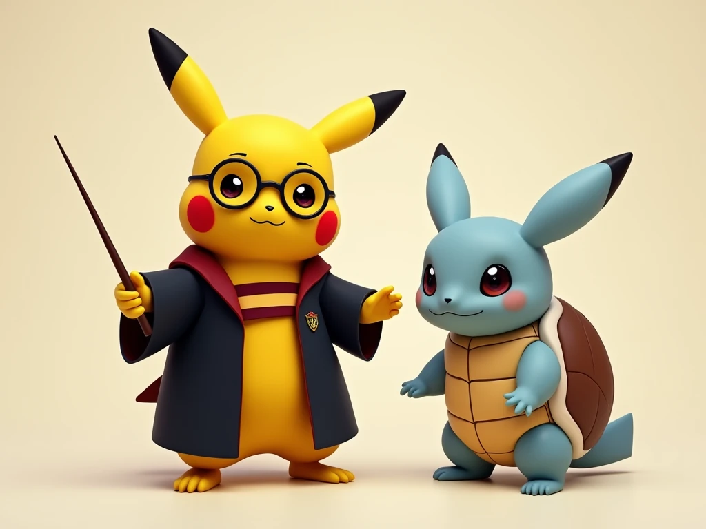 Pikachu dressed as Harry Potter, (round glasses, Gryffindors tunic, without hat.  with a smooth bottom.  smiling and posing with his wand . Plain background. Next to the squirtle  (pokemon)  dressed in the same way as Harry Potter. Realist aesthetics. Unfr...