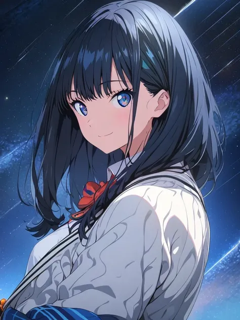 High-definition, high resolution, 8k.perfect face, perfect figure, 1 girl. solo, TaKarada rikka_ssss.GRIdMAN. light smile, from behind, looking back, starry night sky, meteor shower, meteor swarm, star trails,,  best quality, very aesthetic, absurdres,