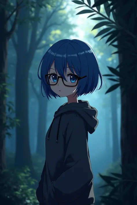  cute anime girl with blue short hair  ,  black square glasses  , dark grey hooded sweater  ,  Standing with your back full body in the distance in a dark forest , anime 