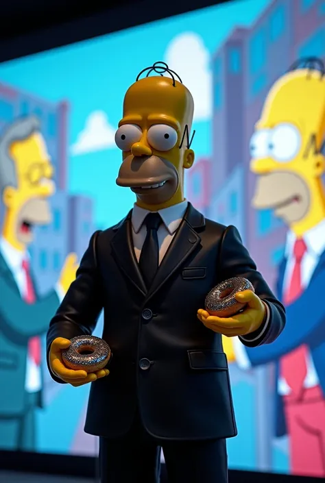 "Homer Simpson, now more confident ,  is standing in front of a huge luminous panel showing iconic moments from The Simpsons ,  like the election of Donald Trump and the Super Bowl show .  Hes wearing a tight black suit ,  holding a technological device si...