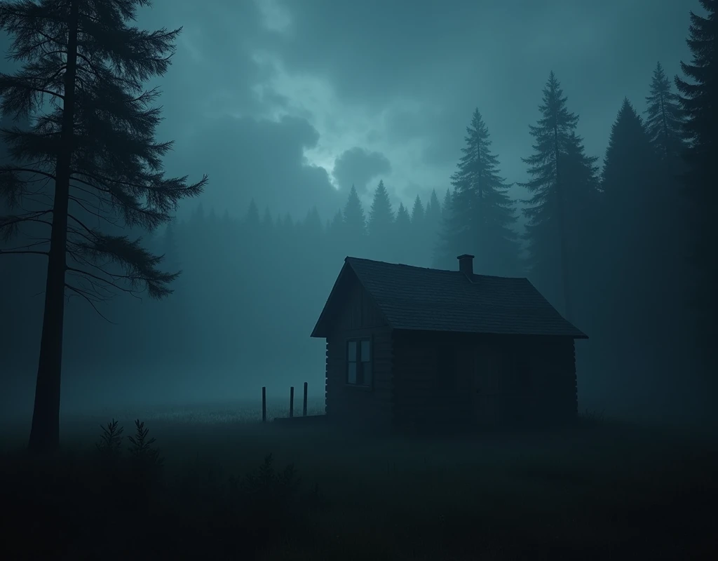 Movie stills, A cabin in the woods, heavy atmosphere , night, Volumetric fog, horror movie lights   