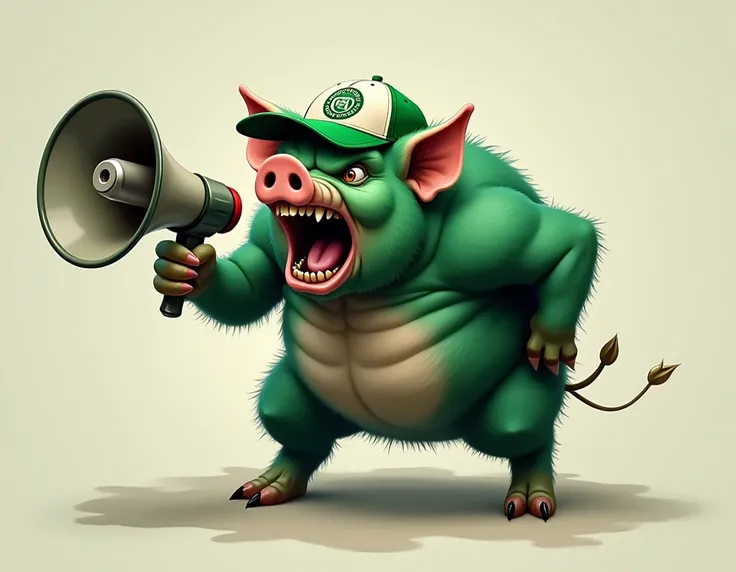 An angry green pig with a megaphone screaming with the Palmeiras team cap