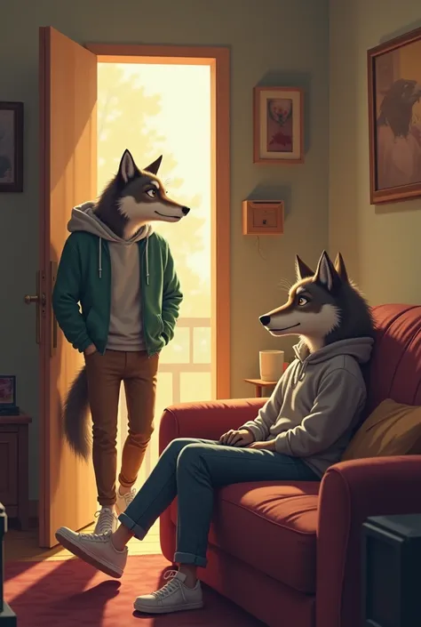 As you step out of your bedroom and head to the kitchen for a snack, you notice your wolf roommate lounging on the couch and watching TV in the living room. As you move around, his eyes briefly shift from the screen to you, subtly taking in your appearance...